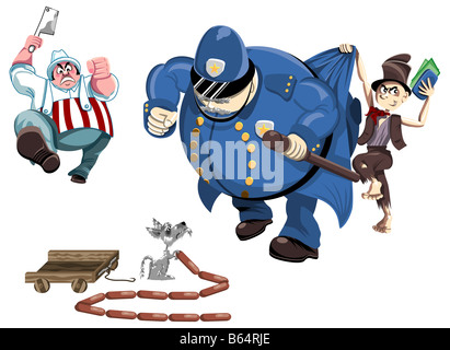 Pickpocket vole de policier distrait par le vol de chien avec une chaîne de saucisses poursuivi par boucher en colère Banque D'Images