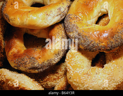 Montréal bagels frais, de sésame et de pavot, les graines noires, entassés ensemble. Montréal (Canada) est connu pour ce traitement est-européenne. Banque D'Images