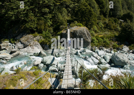 Une balançoire, ou la suspension, pont au-dessus de Snowy Creek, Rees Dart track, Mount Aspiring National Park, South Island, New Zealand Banque D'Images