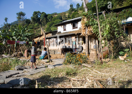 Ferme et une famille sur le côté de la vallée de la rivière Modi dans l'Annapurna dans l'himalaya sur un trek à Ghandruk, Népal Banque D'Images