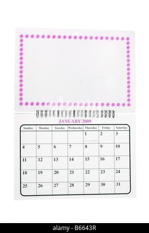 Janvier 2009 Calendrier et page blanche avec bordure pour le texte sur fond blanc Banque D'Images