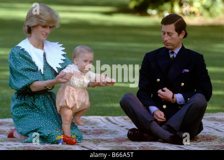 La princesse Diana, le Prince William et le Prince Charles posant sur la pelouse de la Maison du Gouvernement, Auckland, Nouvelle-Zélande Banque D'Images