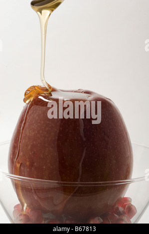 Les pommes et le miel des symboles de Roah Hachana le Nouvel An juif sur fond blanc Banque D'Images