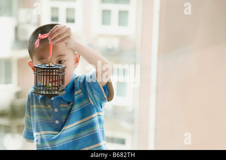 Close-up of a Boy holding a cage avec un oiseau en c Banque D'Images