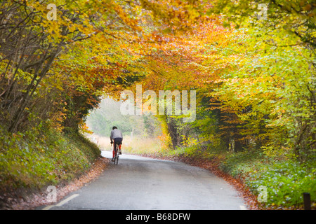 Cycliste avec la couleur en automne sur le Zig Zag, Box Hill Surrey England Banque D'Images