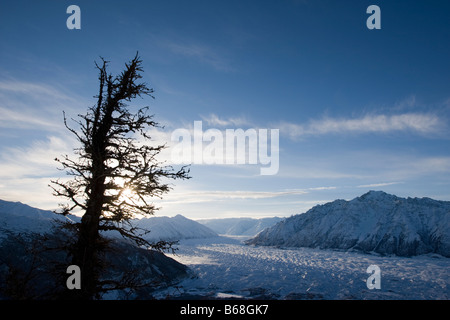 USA Alaska vue du sommet du pic de la tête de lion matin lever de soleil sur le Glacier Matanuska et plage de sommets de montagnes Chugach Banque D'Images