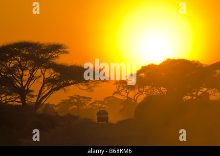 Jeep safari à travers la savane au coucher du soleil Banque D'Images