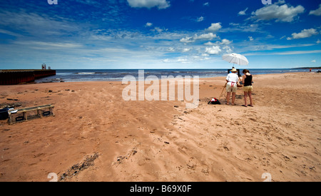 Canada Lobster Pot Peintre Î Île-du-Prince-Édouard parapluie blanc plage bleu ciel nuages Mer sable jetée, artiste Banque D'Images