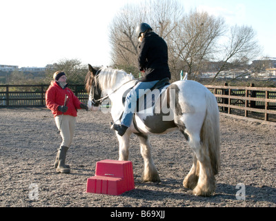 Un instructeur de l'ÉCOLE D'ENSEIGNEMENT LES À SE RENDRE À UNE ÉCOLE D'ÉQUITATION LONDON, UK. Photo ©Julio Etchart Banque D'Images