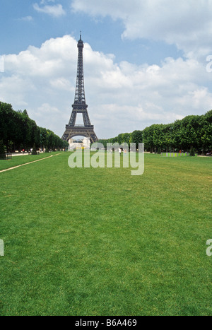 La Tour Eiffel, Paris avec l'herbe des champs de Mars en premier plan. Banque D'Images