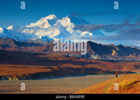 Un Randonneur admirant la vue de Mt McKinley Denali National Park Alaska parution modèle Banque D'Images