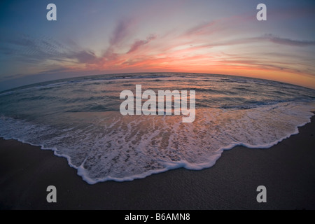 Vue fisheye de coucher de soleil sur le golfe du Mexique de Venice Beach en Floride Banque D'Images