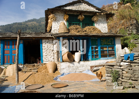 Ferme située sur le côté de la vallée de la rivière Modi près de Kimche village avec millet séchant au soleil, d'Annapurna, Népal Banque D'Images