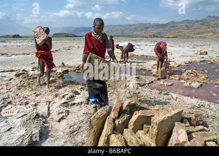 L'extraction de la soude au lac Natron en Tanzanie où Massaï et vente local extrait en plaques de sel Banque D'Images