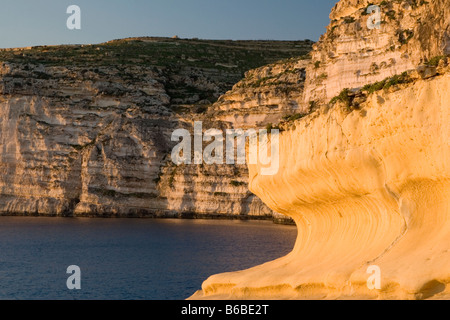 Falaise de calcaire érodé en une vague par le vent à Xlendi Bay sur la côte sud de Gozo, Malte. Banque D'Images