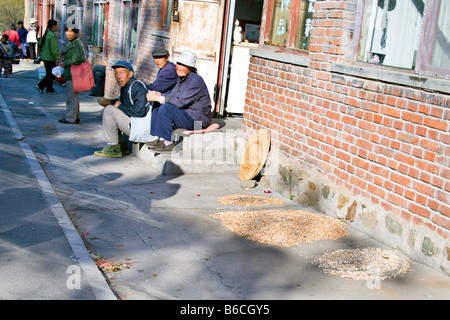 Chine SIMATAI les agriculteurs chinois assis à l'extérieur de leurs maisons et magasins de brique commune avec le séchage de graines de citrouille Banque D'Images