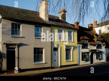 Au début du 17ème siècle et de cottages de style géorgien maison vernaculaire vue à travers les branches d'arbres, West Street, Farnham, Surrey, Angleterre Banque D'Images