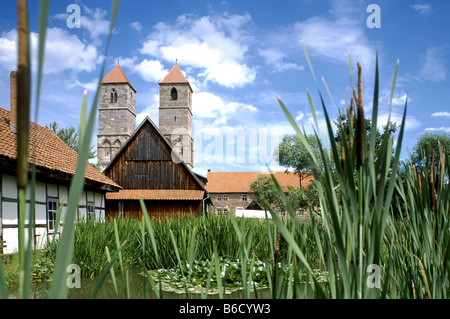 L'herbe haute dans l'étang en face de l'église, l'Themar, Thuringe, Allemagne Banque D'Images