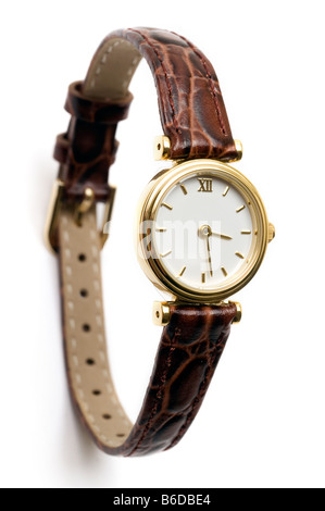 Mesdames montre bracelet avec un bracelet en cuir brun Banque D'Images