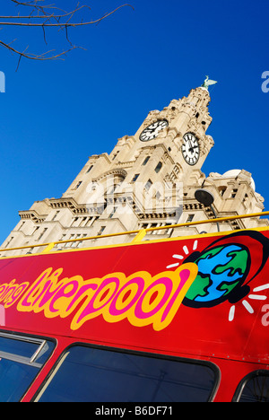 Red open top bus touristique en face de l'assurance Royal Liver Building situé à Pier Head à Liverpool Banque D'Images