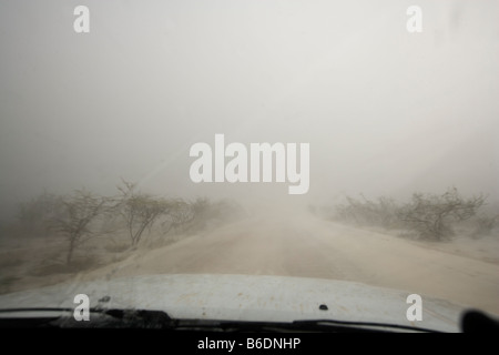 Afrique Namibie Etosha National Park vue depuis l'intérieur de camion safari pendant la tempête de pluie puissante batters d'Etosha Banque D'Images