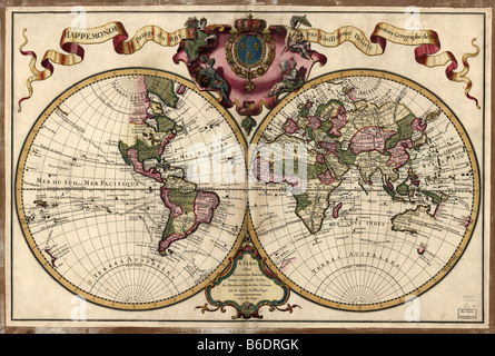 18e siècle carte du monde. Publié dans Parisin, 1720 Cette carte montre les Français connu dans le monde entier. Banque D'Images