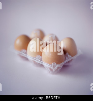 Six oeufs dans une boîte à œufs en plastique. Les oeufs sont une bonne source de protéines alimentaires, mais contiennent aussi des niveaux élevés de cholestérol. Banque D'Images