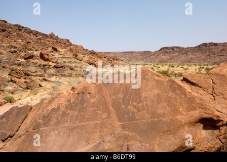 Gravures rupestres faites par les Bushmen San à Twyfelfontein, Damaraland, Namibie Banque D'Images