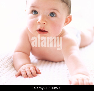 Bébé garçon. 6-month-old baby boy qui est l'exploration sur une couverture. Banque D'Images