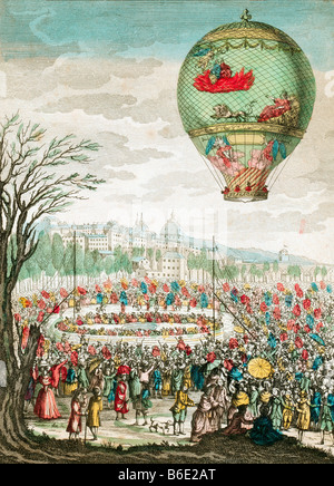 Début de vol en montgolfière. Ce ballon, le Flesselles, monté sur Lyon, France, le 1er janvier 1784. Banque D'Images