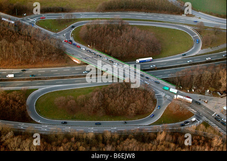 Photographie aérienne, d'autoroute, une rampe d'autoroute boucle45, B1 sortie de l'autoroute, la Ruhr, Bochum-Stahlhausen Wattenscheider Strasse, Bochum, Banque D'Images