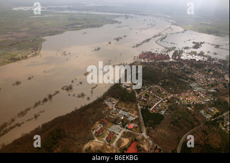 Vue aérienne, inondations, Hitzacker, Elbe, Basse-Saxe, Allemagne, Europe Banque D'Images