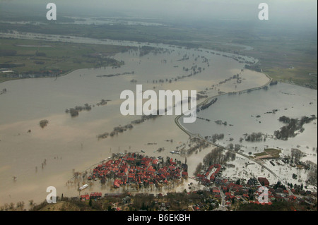 Vue aérienne, inondations, Hitzacker, Elbe, Basse-Saxe, Allemagne, Europe Banque D'Images