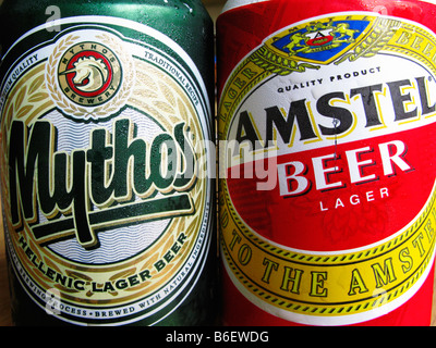 Les canettes de boissons grecs et Mythos Amstel Beer Banque D'Images