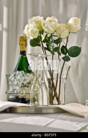 Bouteille de champagne dans un seau de glace avec deux verres et d'un vase de roses blanches Banque D'Images