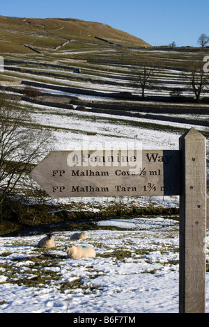 Pennine Way signpost malham cove winter snow parc national des Yorkshire Dales england uk go Banque D'Images