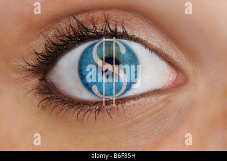 Close-up d'un signe dollar sur un oeil avec un iris bleu, symbole de l'avidité Banque D'Images