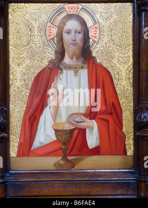 Une peinture de Jésus avec du pain et du vin décore la chaire dans l'église de St Charles Borromeo, Kingston upon Hull, Royaume-Uni Banque D'Images