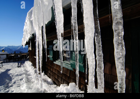 De Glaçons pendant le Stiealm Idealhang refuge de montagne sur la piste, Brauneck, Bayrische Alpen ou Alpes bavaroises, Bavaria, Germany Banque D'Images