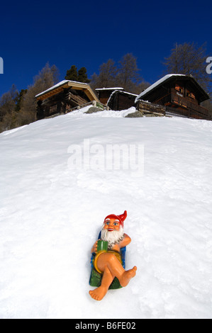 Nain de jardin dans la neige à l'Chemi-Hitta, Zermatt, Valais, Suisse, Europe Banque D'Images