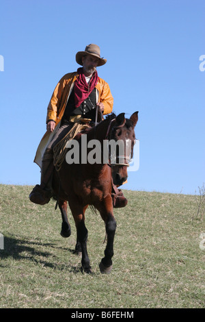 Un cowboy à cheval son cheval sur une colline au Texas Banque D'Images