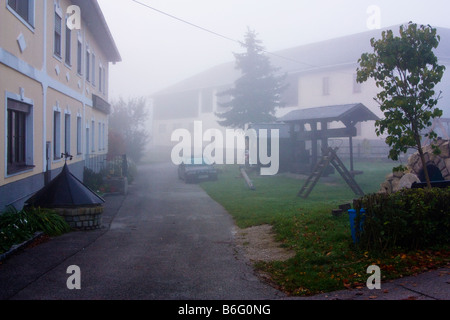 Autriche Perbersdorf le brouillard recouvre la ville et les arbres à l'aube Banque D'Images