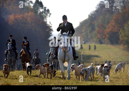 La CHASSE AU BEAUFORT DIRIGÉ PAR MASTER COMMUN LE CAPITAINE IAN FARQUHAR APPROCHE UNE RÉUNION À WORCESTER LODGE, PRÈS DE LEURS CHENILS BADMINTON GL Banque D'Images