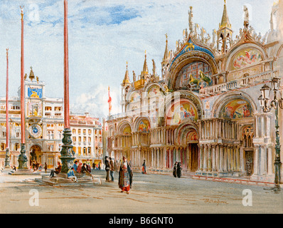 Place en face de la Cathédrale Saint Marc à Venise 1880. Lithographie couleur Banque D'Images