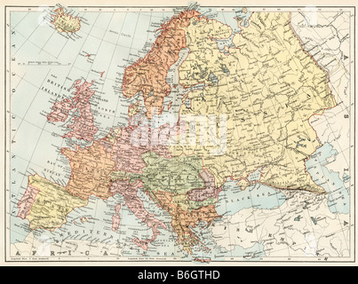 Carte de l'Europe dans les années 1870. Lithographie couleur Banque D'Images