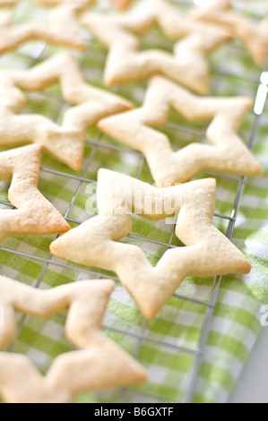 Biscuits au gingembre en forme d'étoiles portées sur une grille de refroidissement. Ils ont ensuite été emballés dans de petites boîtes à donner pour des cadeaux de Noël. Banque D'Images