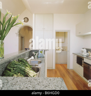 Légumes sur double évier en acier inoxydable dans la cuisine moderne blanc avec extension en et parquet Banque D'Images