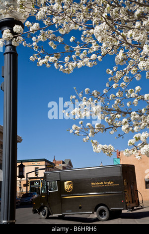 L'UPS mail van dans la rue dans Silver City Grant County, Nouveau Mexique, USA avec des fleurs blanches à l'avant-plan Banque D'Images