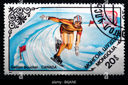 Gaétan Boucher (Canada), XIV jeux Olympiques d'hiver, Sarajevo (1984), timbre-poste, Mongolie, 1985 Banque D'Images