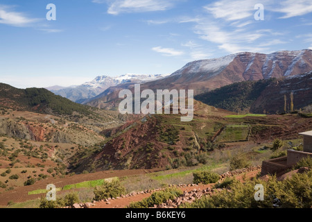 Paysage rural pittoresque village berbère traditionnel avec terrasse sur colline dans Haut Atlas. Sidi Faress le Maroc. Banque D'Images